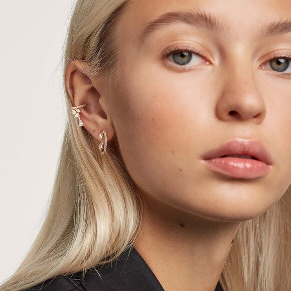 Hypoallergenic Minimalist Huggie Hoop Earrings - 14K Gold and CZ Detail - Picture 2 of 7